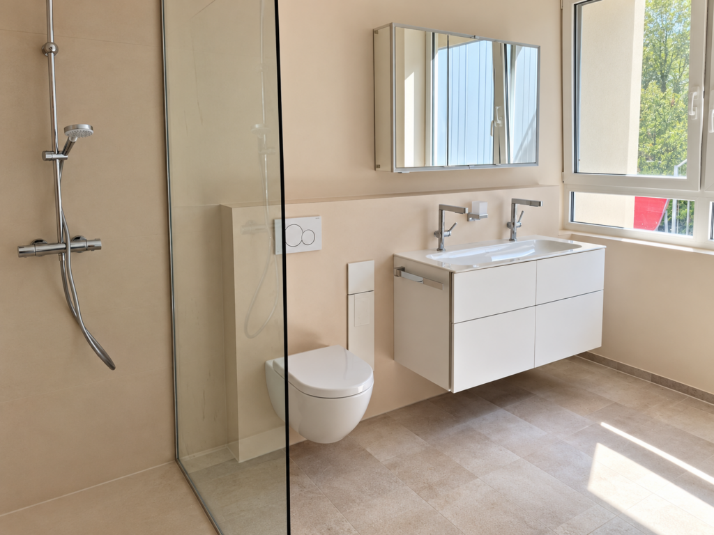 Ein saniertes fugenloses Bad mit barrierearmer Dusche